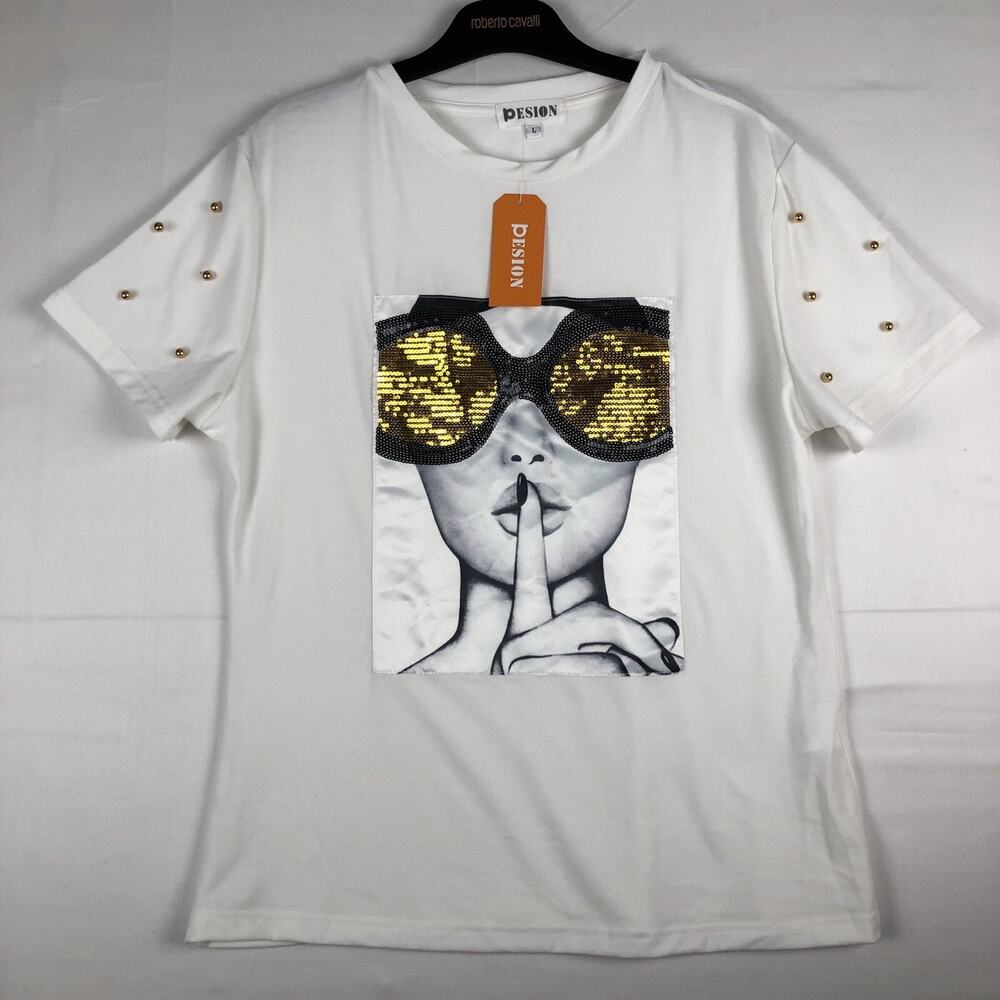 Pesion Womens short sleeve graphic sequin black/gold/white blouse Large Pls.Read